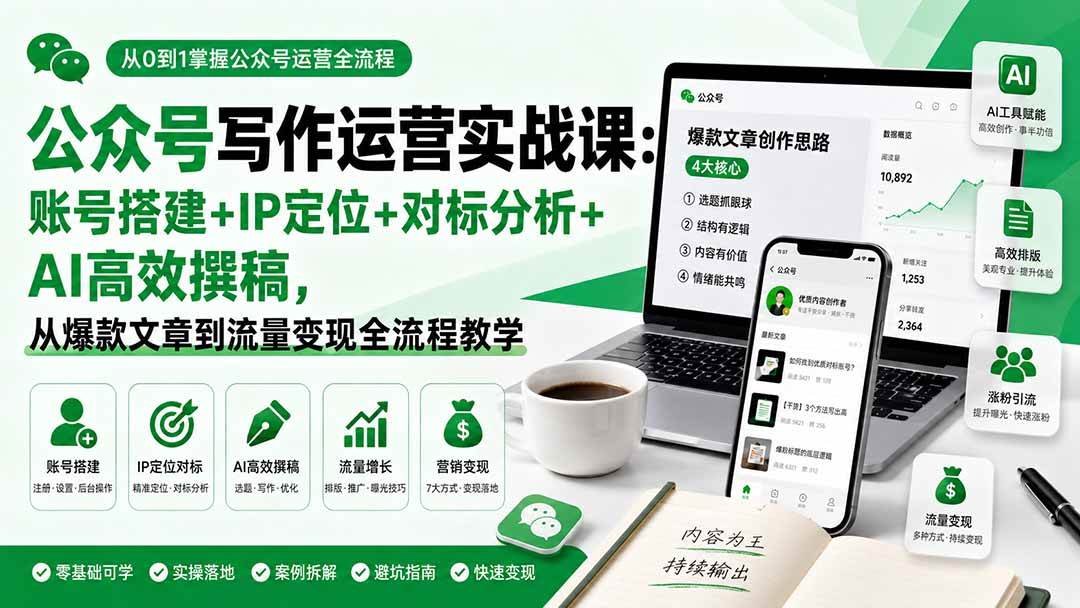 （19914期）公众号写作运营实战课：账号搭建+IP定位+对标分析+AI高效撰稿，从爆款文章到流量变现全流程教学-汇课新知资源网