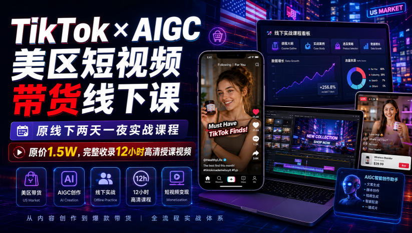 TikTok×AIGC美区短视频带货线下课,原线下两天一夜实战课程,原价1.5W,完整收录12小时高清授课视频-汇课新知资源网