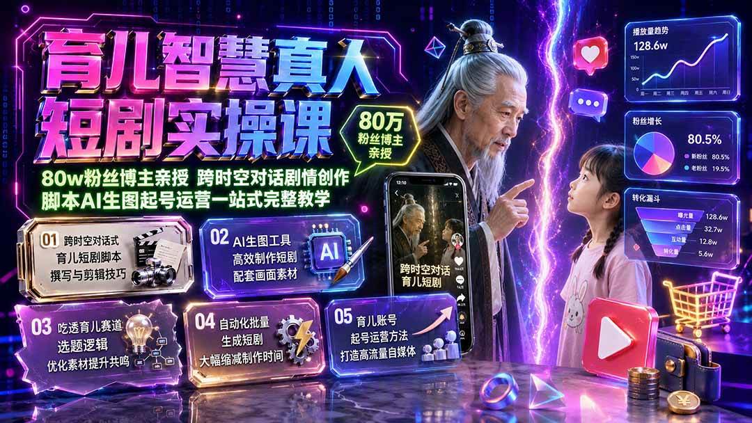 (19663期)育儿智慧真人短剧实操课|80w粉丝博主亲授,跨时空对话剧情创作,脚本AI生图起号运营一站式完整教学-汇课新知资源网