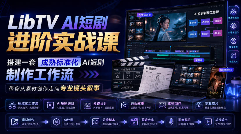 LibTV AI短剧进阶实战课，搭建一套成熟标准化AI短剧制作工作流，带你从素材创作走向专业镜头叙事-汇课新知资源网