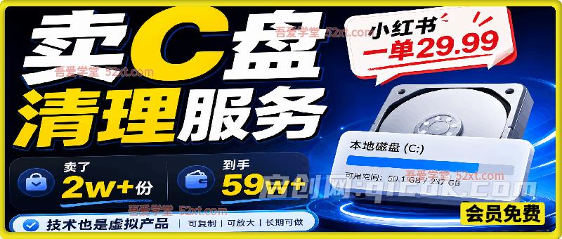 小红书卖C盘清理服务,一单29.99,卖了2w+份,到手59w+,技术也是虚拟产品-汇课新知资源网