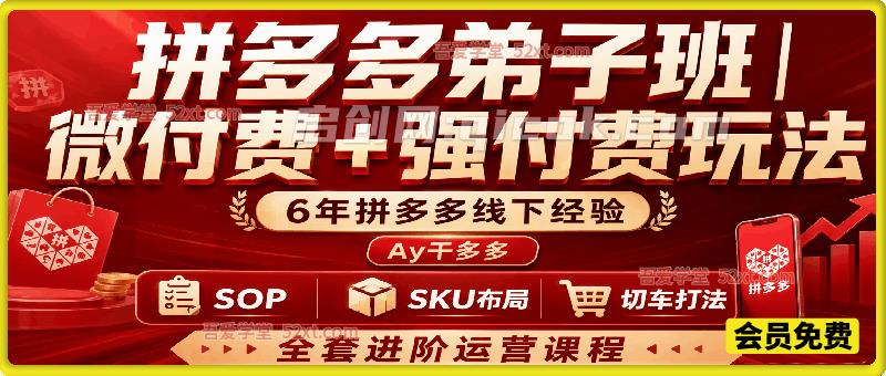 拼多多弟子班丨微付费+强付费玩法。Ay干多多6年拼多多线下经验，SOP、SKU 布局、切车打法全套进阶运营课程