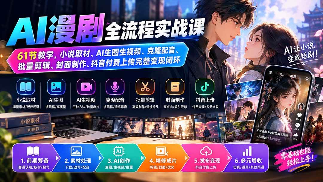（20199期）AI漫剧全流程实战课｜61节教学，小说取材、AI生图生视频、克隆配音、批量剪辑、封面制作、抖音付费上传完整变现闭环-汇课新知资源网