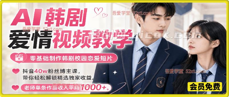 AI韩剧爱情视频教学，抖音40w粉丝博主0基础教你制作韩剧校园恋爱短片，轻松解锁精选独家收益，老师单条作品收入平均1000+