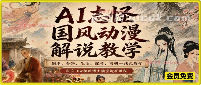 AI志怪国风动漫解说教学，剧本、分镜、生图、配音、剪辑一站式教学，抖音10W粉丝博主满堂诡事课程