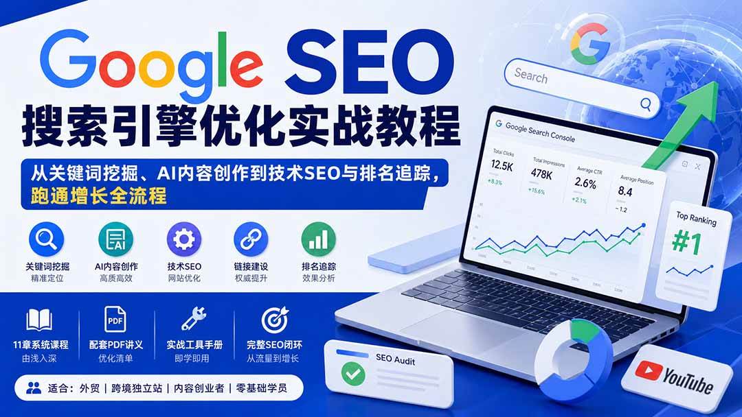 (20241期)Google SEO搜索引擎优化实战教程:从关键词挖掘、AI内容创作到技术SEO与排名追踪,跑通增长全流程-汇课新知资源网