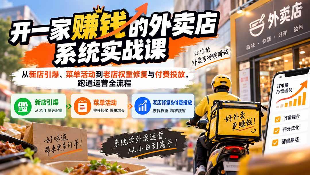 (20258期)开一家赚钱的外卖店系统实战课:从新店引爆、菜单活动到老店权重修复与付费投放,跑通运营全流程-汇课新知资源网