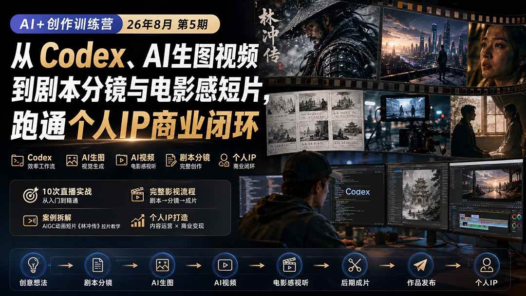 (20259期)AI+创作训练营26年第5期-更新:从Codex、AI生图视频到剧本分镜与电影感短片,跑通个人IP商业闭环-汇课新知资源网