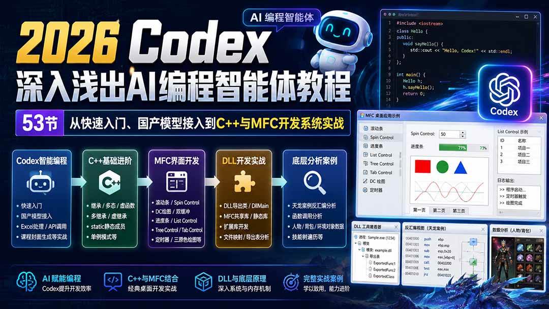 （20221期）2026 Codex深入浅出AI编程智能体教程：53节从快速入门、国产模型接入到C++与MFC开发系统实战