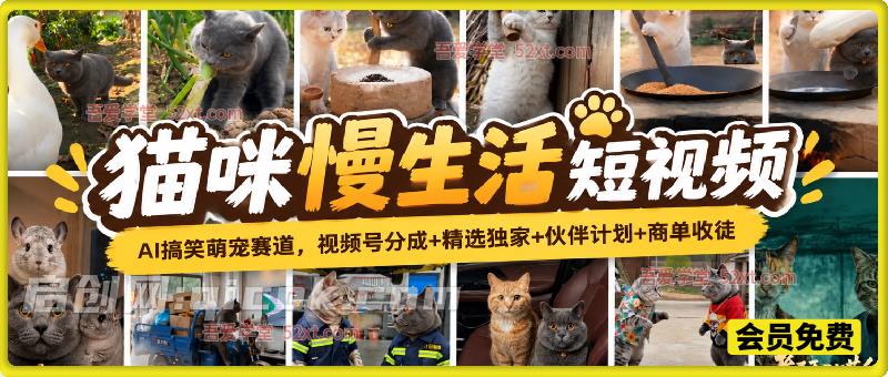 猫咪慢生活短视频，AI搞笑萌宠赛道，视频号分成+精选独家+伙伴计划+商单收徒