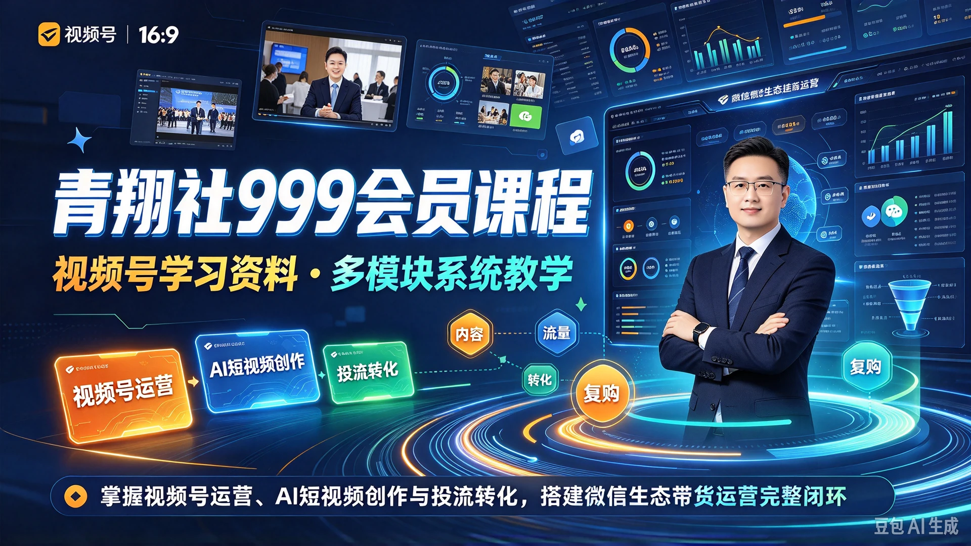 【精】青翔社999会员课程视频号学习资料，多模块系统教学，掌握视频号运营、AI短视频创作与投流转化，搭建微信生态带货运营完整闭环