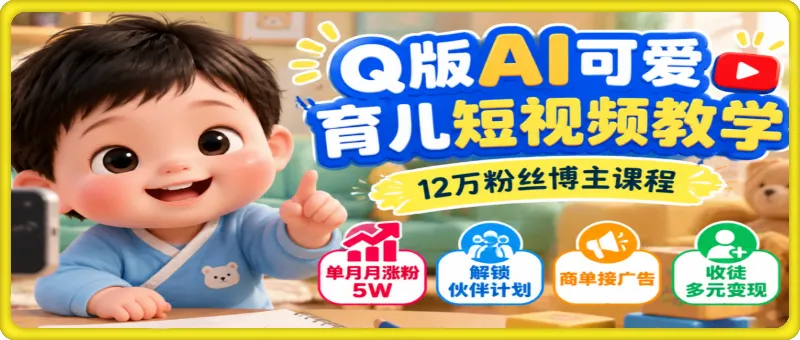 Q版AI可爱育儿短视频教学，12万粉丝博主课程，单月月涨粉5W，互动粉开伙伴超高粘性高，解锁伙伴计划、商单接广告、收徒多元变现