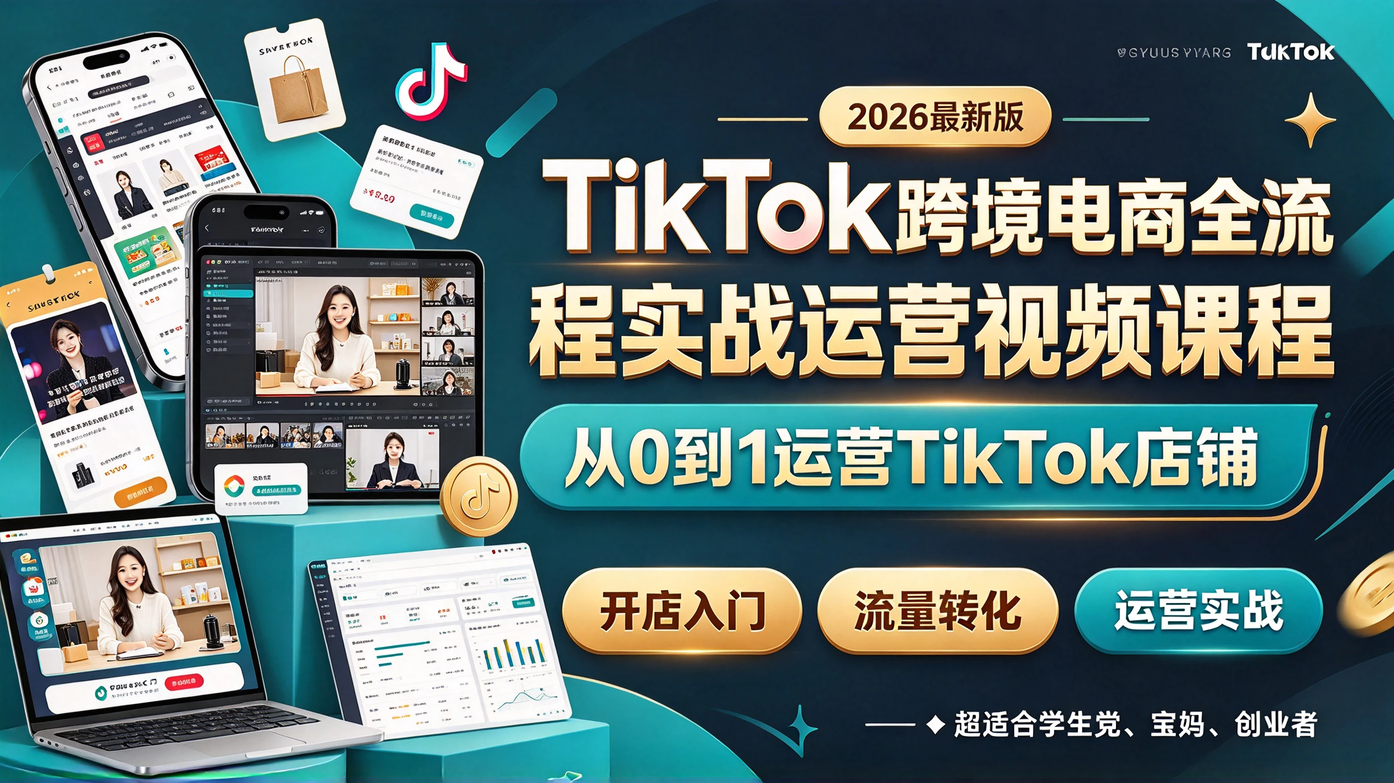 【精】2026最新版TikTok跨境电商全流程实战运营视频课程，从0到1运营TikTok店铺，超适合学生党、宝妈、创业者