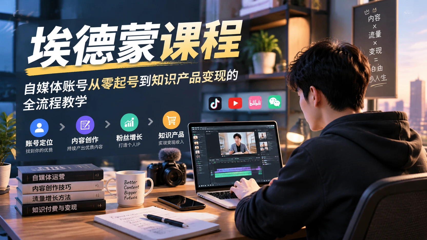 【精】埃德蒙课程，配套9个新媒体小课，从账号起号到知识产品打造完成自媒体全链路学习