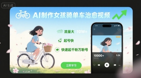 AI制作女孩骑单车治愈视频，流量大，起号快，快速起千粉万粉号-汇课新知资源网