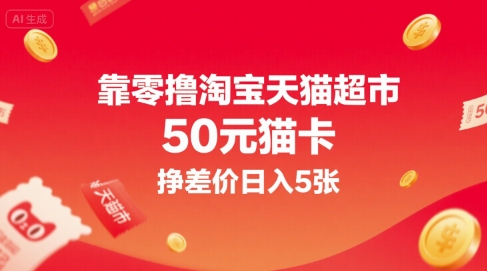 靠零撸淘宝天猫超市50元猫卡，挣差价日入5张-汇课新知资源网