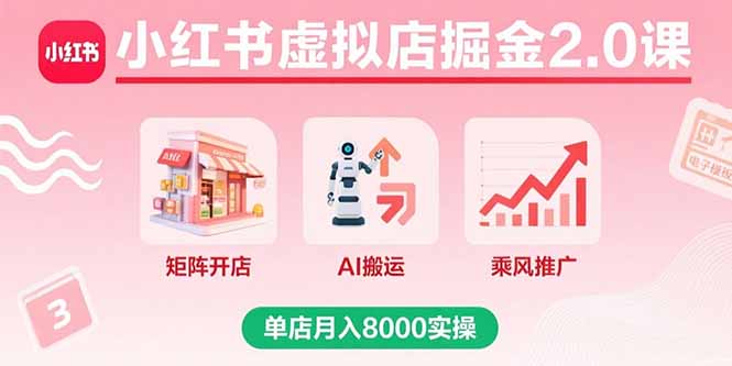 小红书虚拟店掘金2.0课,矩阵开店+AI搬运+乘风推广,单店月入8000实操-汇课新知资源网