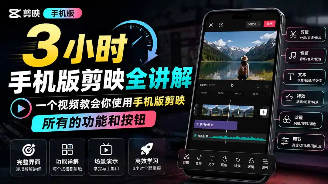 3小时手机版剪映全讲解,一个视频教会你使用手机版剪映,所有的功能和按钮-汇课新知资源网