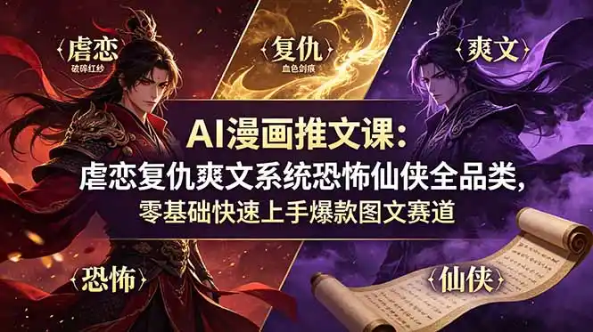 AI漫画推文课：虐恋复仇爽文系统恐怖仙侠全品类，零基础快速上手爆款图文赛道-汇课新知资源网