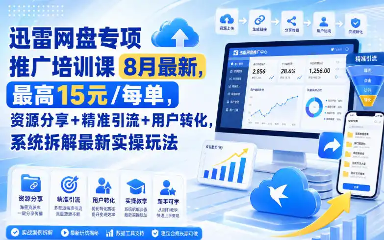 迅雷网盘专项推广培训课8月最新，最高15米/每单，资源分享+精准引流+用户转化，系统拆解最新实操玩法(更新0824)-汇课新知资源网