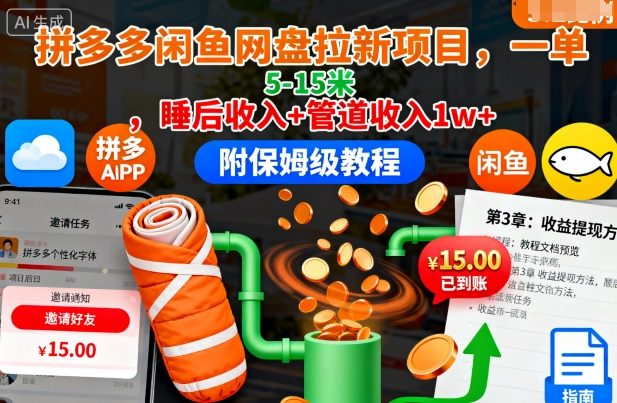 拼多多闲鱼网盘拉新项目，一单5-15米，睡后收入+管道收入1w+(附保姆级教程)-汇课新知资源网
