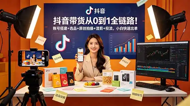 抖音带货从0到1全链路!账号搭建+选品+原创拍摄+混剪+投流,小白快速出单-汇课新知资源网