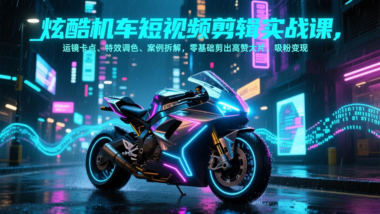 炫酷机车短视频剪辑实战课，运镜卡点、特效调色、案例拆解，零基础剪出高赞大片，吸粉变现-汇课新知资源网