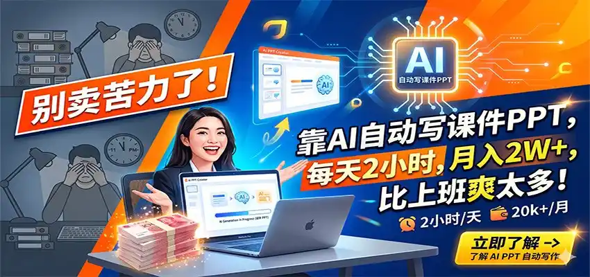 别卖苦力了！靠AI自动写课件PPT，每天2小时，月入2W+，比上班爽太多！-汇课新知资源网