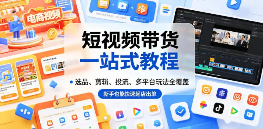 短视频带货一站式教程，选品、剪辑、投流、多平台玩法全覆盖，新手也能快速起店出单-汇课新知资源网