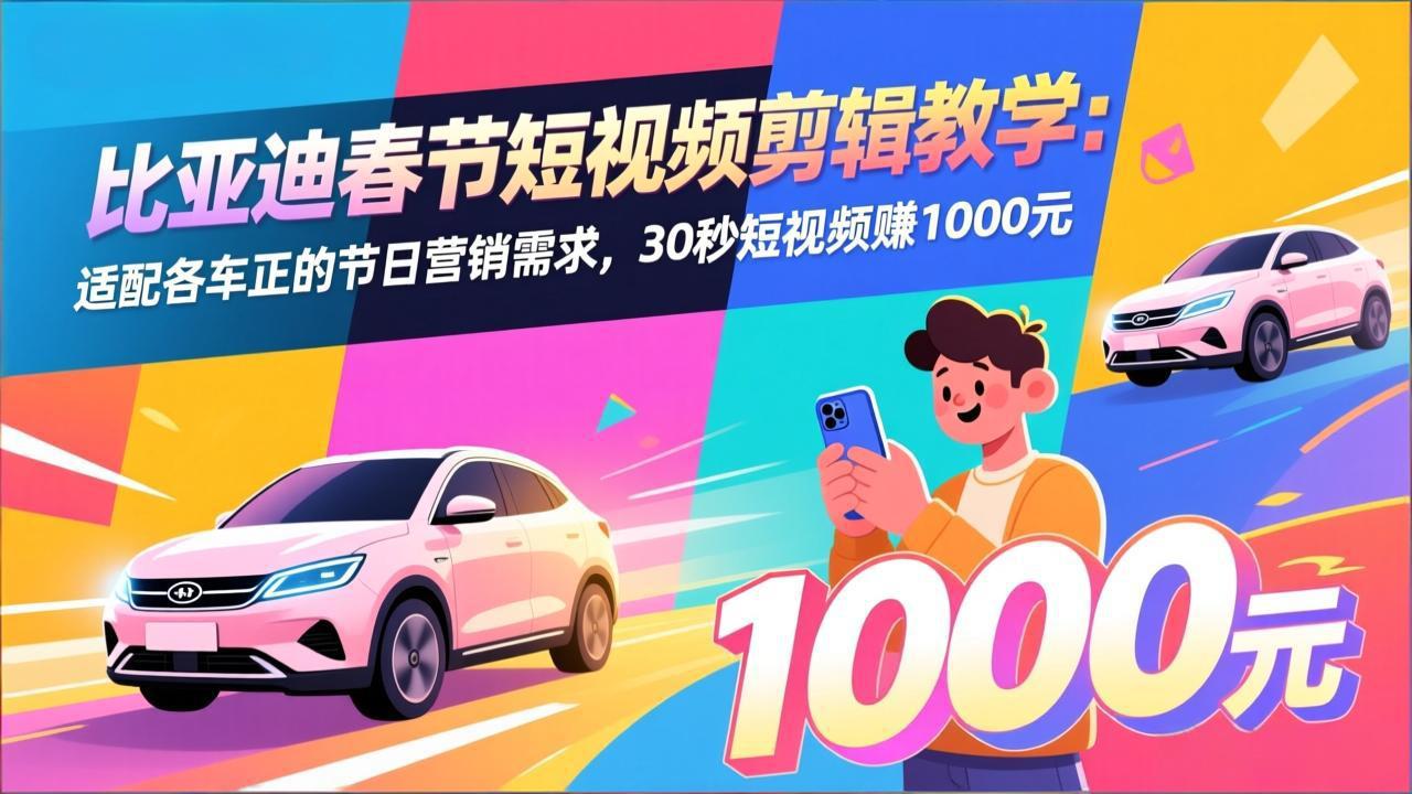 比亚迪春节短视频剪辑教学：适配各车企的节日营销需求，30秒短视频赚1000元-汇课新知资源网