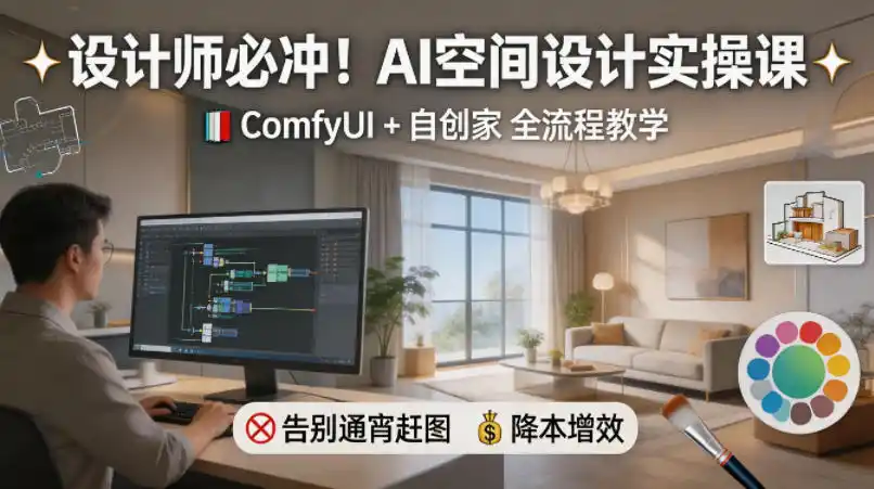 设计师必冲!AI空间设计实操课,ComfyUI+自创家全教学,告别通宵赶图,降本增效-汇课新知资源网