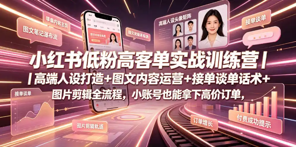 小红书低粉高客单实战训练营｜高端人设打造+图文内容运营+接单谈单话术+图片剪辑全流程，小账号也能拿下高价订单-汇课新知资源网