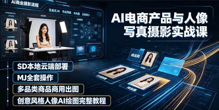 AI电商产品与人像写真摄影实战课|SD本地云端部署、MJ全套操作、多品类商品商用出图、创意风格人像AI绘图完整教程-汇课新知资源网