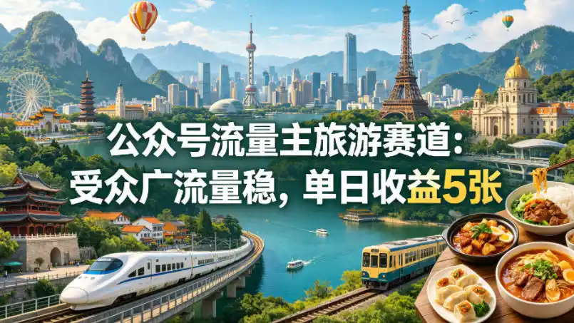 公众号流量主之旅游赛道,受众广+流量稳,平均单日收益5张+-汇课新知资源网