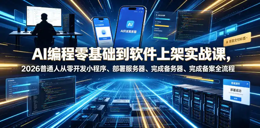 AI编程零基础到软件上架实战课，2026普通人从零开发小程序、部署服务器、完成备案全流程项目落地教程-汇课新知资源网