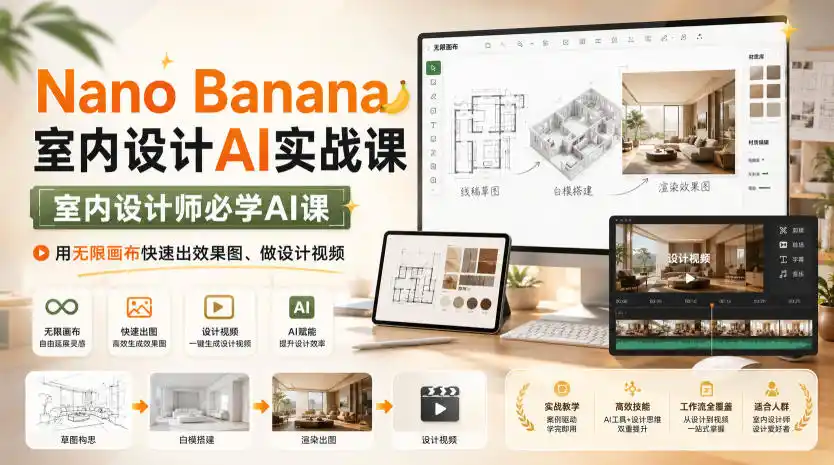 Nano Banana室内设计AI实战课,室内设计师必学AI课,用无限画布快速出效果图、做设计视频-汇课新知资源网