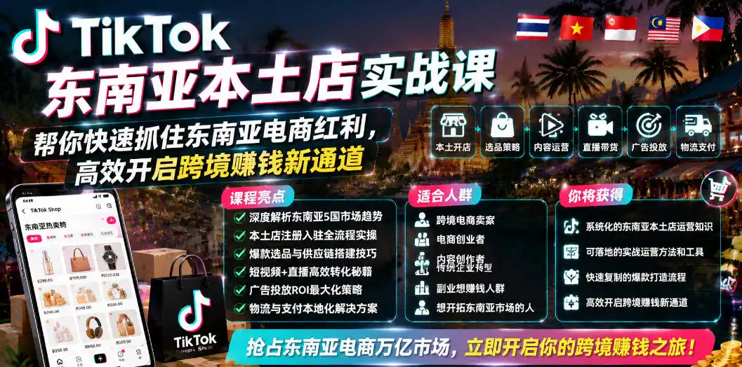 TikTok东南亚本土店实战课，帮你快速抓住东南亚电商红利，高效开启跨境賺钱新通道-汇课新知资源网