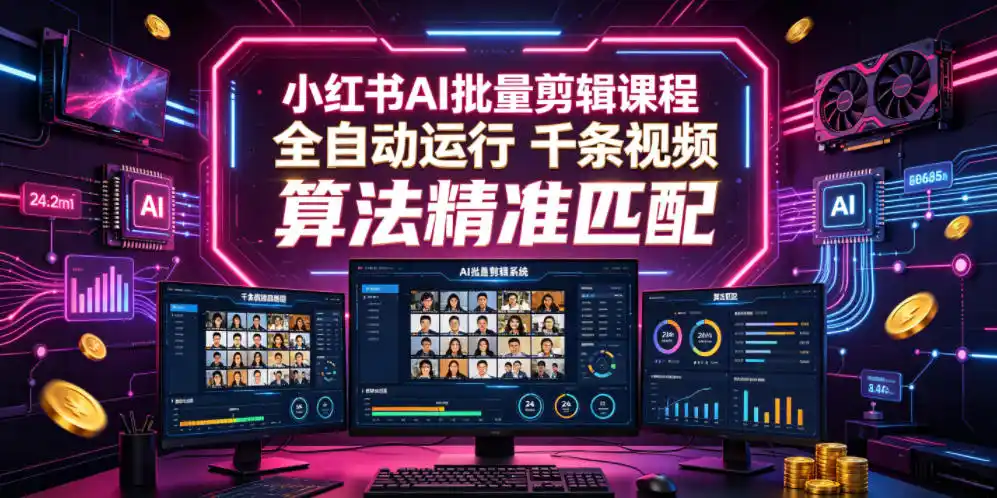 小红书AI批量剪辑课程，24小时全自动运行，解放双手专注运营，千条视频批量处理，小红书算法精准匹配-汇课新知资源网