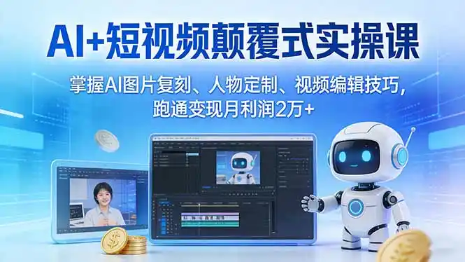AI+短视频颠覆式实操课:掌握AI图片复刻、人物定制、视频编辑技巧,跑通变现月利润2万+-汇课新知资源网