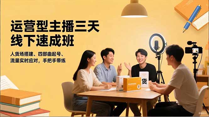 运营型主播三天线下班,人货场搭建,四部曲起号,流量实时应对,手把手带练-汇课新知资源网