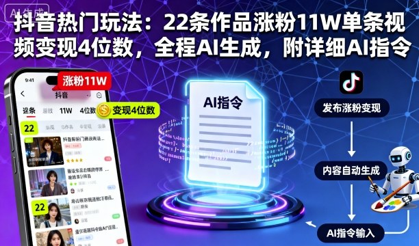 抖音热门玩法:22条作品涨粉11W单条视频变现4位数,全程AI生成,附详细AI指令-汇课新知资源网
