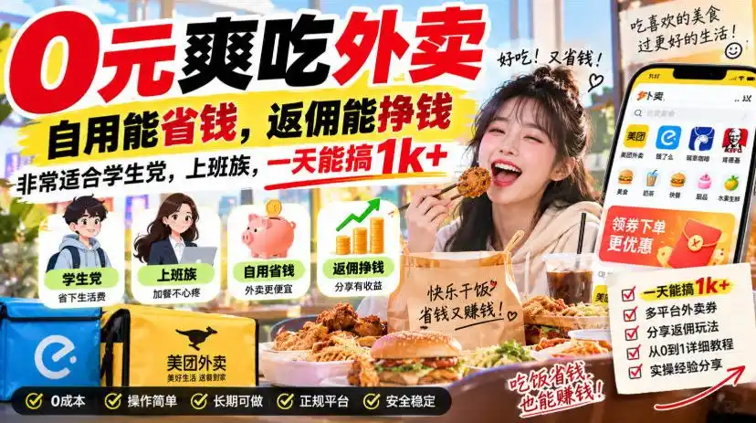 0元爽吃外卖,自用能省钱,返佣能挣钱,非常适合学生党,上班族,一天能搞1k+-汇课新知资源网