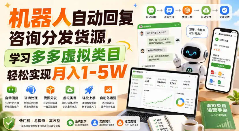 机器人自动回复咨询分发货源,学习多多虚拟类目轻松实现月入1-5W【揭秘】-汇课新知资源网