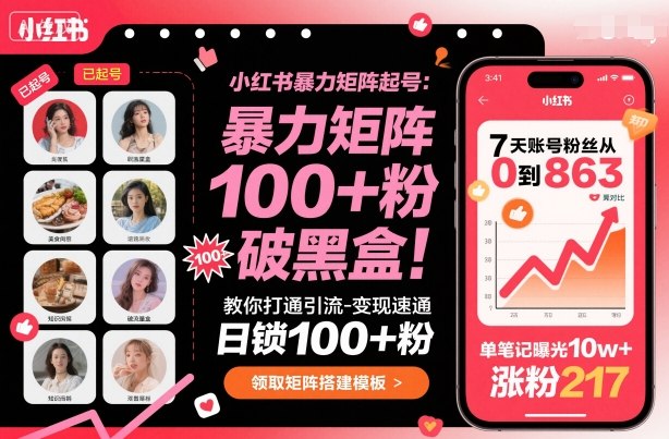 小红书暴力矩阵起号,教你打通引流-变现速通,日锁100+粉,破流量黑盒-汇课新知资源网