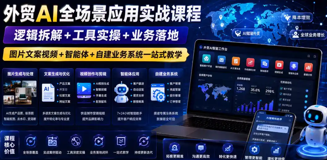 外贸AI全场景应用实战课程｜逻辑拆解+工具实操+业务落地，图片文案视频+智能体+自建业务系统一站式教学-汇课新知资源网
