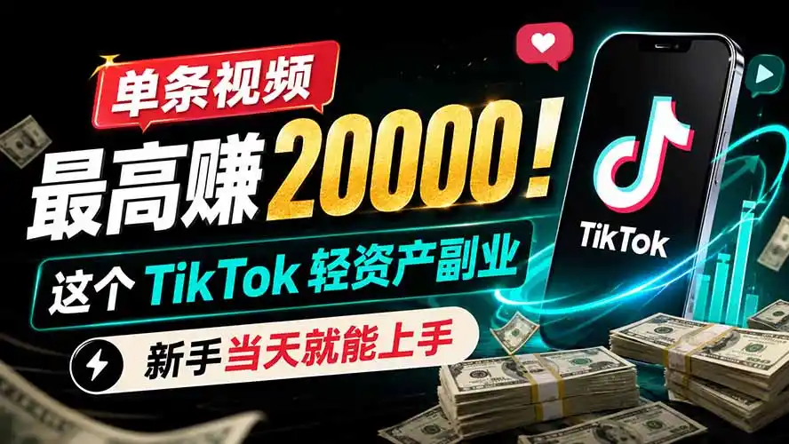 单条视频最高赚 20000！这个 TikTok 轻资产副业，新手当天就能上手-汇课新知资源网
