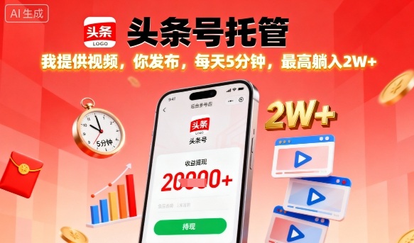 【头条号托管】我提供视频，你发布，每天5分钟，最高躺入2W+【揭秘】-汇课新知资源网