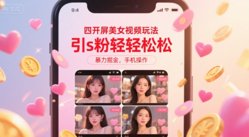 四开屏美女视频玩法，引s粉轻轻松松，暴力掘金，手机操作【揭秘】-汇课新知资源网