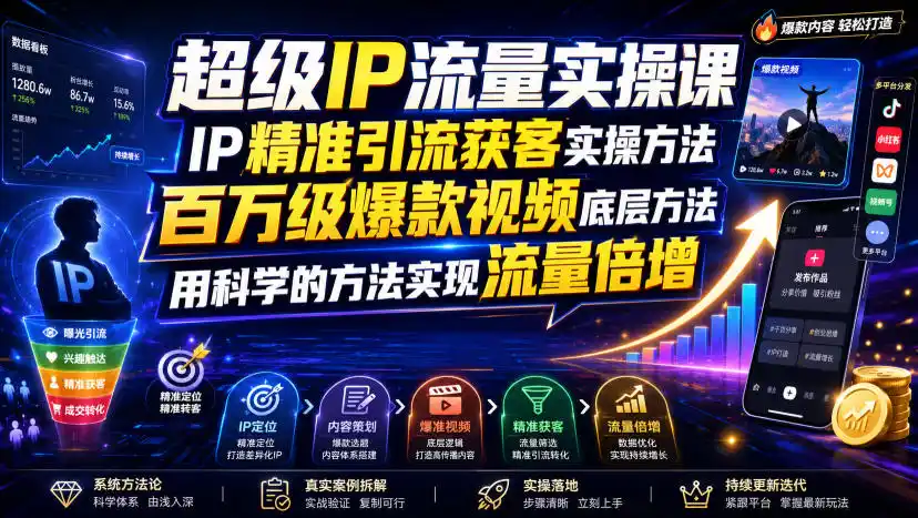 超级IP流量实操课，IP精准引流获客实操方法，百万级爆款视频底层方法，用科学的方法实现流量倍增-汇课新知资源网