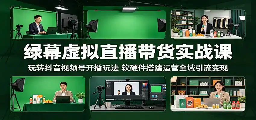 绿幕虚拟直播带货实战课:玩转抖音视频号开播玩法,软硬件搭建运营全域引流变现-汇课新知资源网
